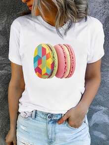 1 Piece Of Women's Summer T-Shirt, Short Sleeve And Printed, Modern And Casual, Machine Washable, Comfortable Fit, 2D Flat Print, 180g, 100% Cotton. - 白色_06 - 查看 12