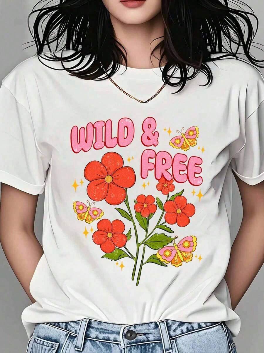 Women's "Wild And Free" Butterfly And Flower Print T-Shirt, Casual Summer Top With Pink Text And Colorful Design, Perfect For Nature Lovers And Outdoor Activities. New Summer Arrivals: 100% Cotton Crew Neck T-Shirts. - 白色 - 查看 1