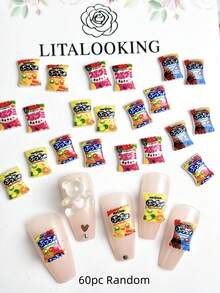 60pcs Random Mixed ABS Cartoon Nail Art Decorations, Cute Mini Simulated Snacks Like Potato Chips & Candies, Fun Handmade Nail Art Accessories DIY Nail Charms - Multicolor - View 5