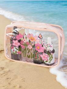 Cute Floral Pattern Clear Pvc Makeup Bag,Waterproof Transparent Toiletry Organizer With Zipper,Portable Travel Cosmetic Pouch,Large Capacity Wash Bag, Butterfly Flower Pattern, Beach Bag, Swim Bag, For Toiletries, Skincare, Brushes, Beach & Gym Use,Unique Birthday Gifts, Holiday Gifts, Party Gifts, Vacation Gifts, Wedding Gifts, Back-To-School Gifts - Multicolor - View 7