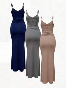1 pieza Vestido de punto largo elegante y entallado sin mangas color albaricoque, vestido de fiesta formal con tirantes de espagueti - Caqui - Ver 2