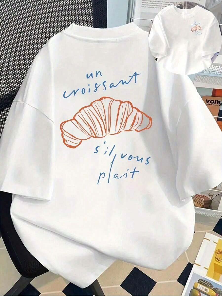 A Croissant, Please Print Short Sleeve Crew Neck T-Shirt Casual Top For Spring Summer, Women's Clothing - Blanco - Xem 1