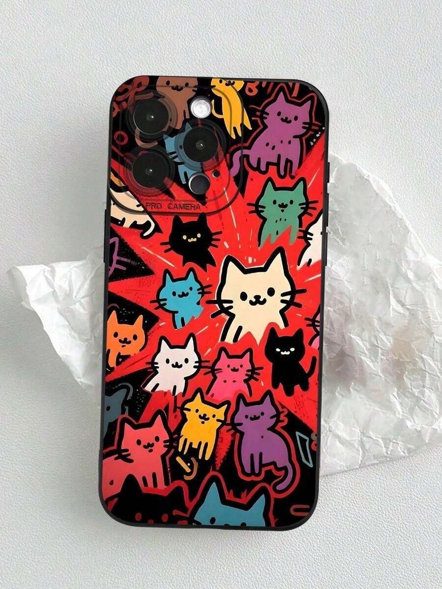 Cute Cat Design Liquid Silicone Mobile Phone Case, Full Body Protection, Shockproof And Drop Resistant, Soft TPU Rubber, Compatible With Apple And Galaxy - Multicolor - View 1