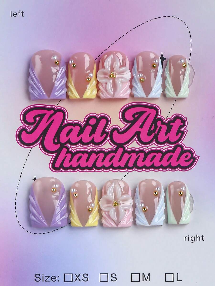 10 Stücke Y2K quadratische handgemachte Nagelspitzen, nude & rosa Farbe mit französischer Kante, geschnitzte Blumen, Strass, Muschel, Seestern Dekor, geeignet für Party, Hochzeit, Alltag, inklusive Werkzeugset, tolles Geschenk für Frauen & Mädchen - Verschiedenfarbig - Übersicht 1