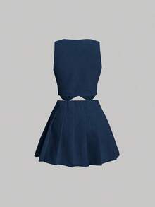 AYYSHEIN MOD Conjunto de chaleco y falda plisada de pana para damas en otoño/inviernoAYY - Negro 2 - Ver 6