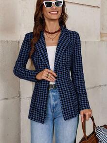 AYYEditum Chaqueta de blazer estilizadora de cintura con estampado de pata de gallo para mujer en otoño/inviernoAYY - Azul - Ver 8