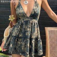 Fengyu Women's Clothing Store  Vestido casual de mujer para vacaciones y uso diario con estampado digital retro de paisley, sin espalda, con tirantes de lazo, primavera/verano - Verde Oscuro - Ver 1
