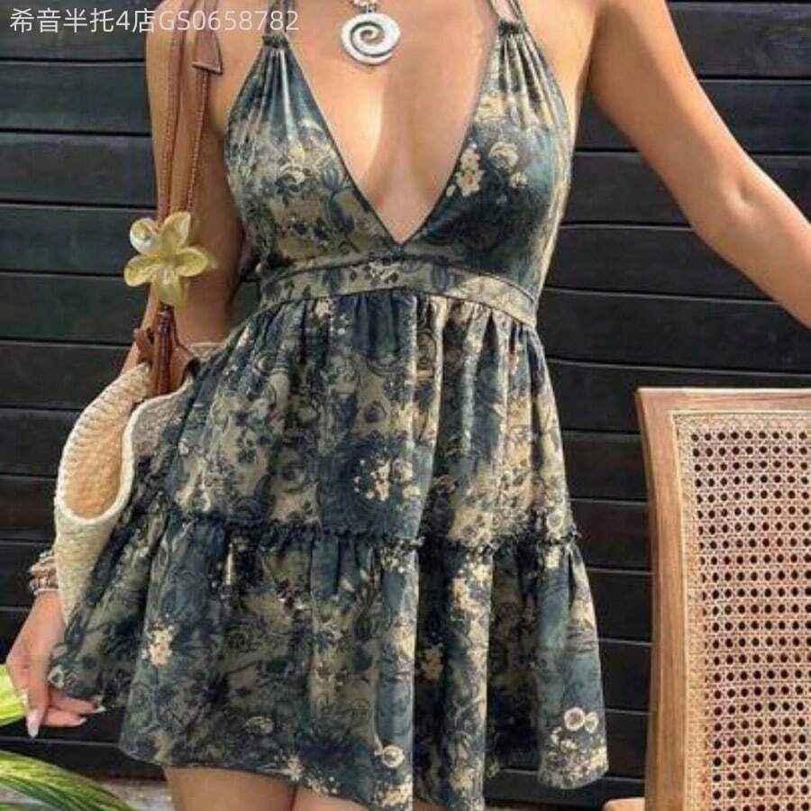 Fengyu Women's Clothing Store Vestido casual de mujer para vacaciones y uso diario con estampado digital retro de paisley, sin espalda, con tirantes de lazo, primavera/verano - Verde Oscuro - Ver 1