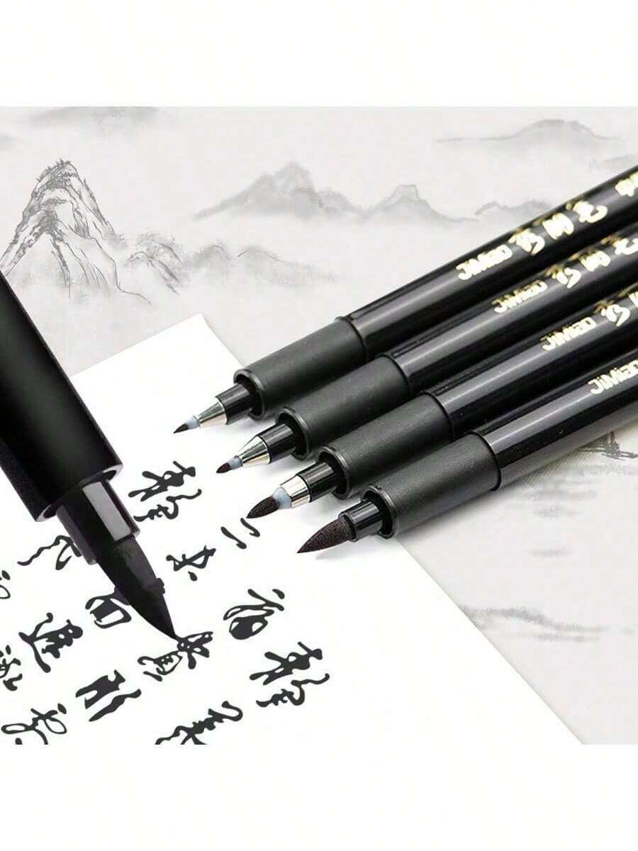 4 piezas Juego de plumas caligráficas, adecuado para caligrafía - Punta fina y punta de pincel, recargable con tinta negra, Body de plástico ovalado ergonómico, material plástico ligero, excelente para escribir, crear arte y pintar, esencial para volver a la escuela, material de aprendizaje - Conjuntos - Ver 1