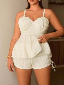 Swim Chiccia Set de 2 bikinis de talla grande para mujer - Top de traje de baño con estampado de concha blanca y pantalón corto a juego, ropa de baño para resort y vacaciones - Beis - Ver 3