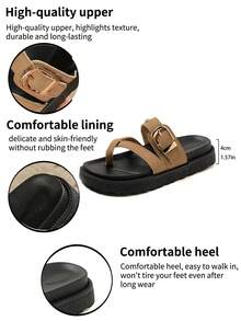 New Fashion Metal Buckle Decor Slip-On Platform Sandals, Comfortable & Versatile For Daily Wear - Khaki Leather - View 9