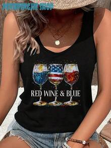 Women's Red Wine & Blue 4th Of July Wine Glass U-Neck Tank Top, 4th Of July Outfit Women, Mothers Day Outfit, Summer Outfits For Women, Vacation Outfits Women, Summer Tops, Teacher Outfits For Women - màu đen - Xem 1