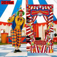 Two-Dimensional Party Photo Booth Props. Puppet Time Theater Circus Carnival Theme Photo Booth Frame Party Banner Background Cloth, Including Clown Balloons, Hot Air Balloons, Ferris Wheel, Merry-Go-Round And Holiday Lights. Suitable For Family, Friends, Colleagues And Other People To Get Together And Take Pictures. Very Suitable For Holiday Decoration, Party Decoration, Holiday New Year, Carnival Clown Party, Animal Party Decoration And Party Supplies. Holiday Birthday Background Cloth. Decorate The Scenery For The Party. Red Decorative Background Cloth - 1 - Xem 3