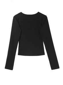 Korean Style Lace Hollow-Out Long Sleeve Fitted Top - Black - View 3