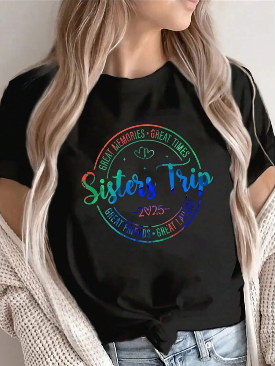 Women's T-Shirt, Short-Sleeved Black T-Shirt For A Girls' Trip 2025, A Fun Gift For Group Travel, Designed To Offer Comfort And Lightness, Perfect For Holidays And Leisure Outings, With A Theme Focused On Beautiful Memories And Pleasant Moments, 100% Pure Cotton. - 黑色 - 查看 1