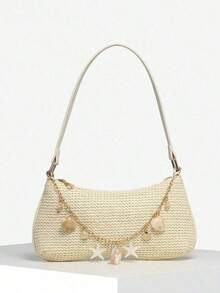 1pc Women's Vintage Resort Ocean Faux Pearl Cherry Faux Fur Tail Woven Crossbody Bag, Suitable Dates, Outings, Vacations - Beige - View 2