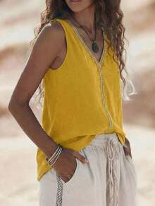 Zayélia Top de mujer de cuello en V, casual, cómodo, de vacaciones, de campo, relajado, de textura suave - Amarillo - Ver 5