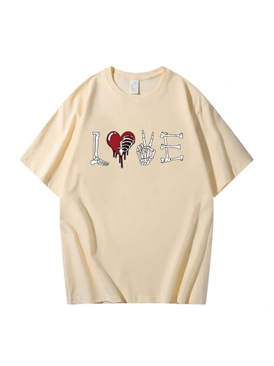 LDA Printed Bone Heart T-Shirt, Short Sleeve Crew Neck, Casual Women's Size-Increasing T-Shirt, Pure-Cotton - 杏色 - 查看 1