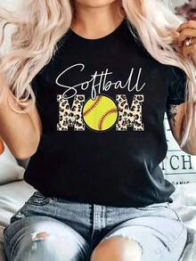 Women's Soft Cotton T-Shirt, Softball Mom Print T-Shirt, Casual Short Sleeve Crew Neck T-Shirt, Comfortable For Spring And Summer, Women's Clothing, Comfortable Mother's Day Outfit, 100% Cotton - 黑色 - 查看 6
