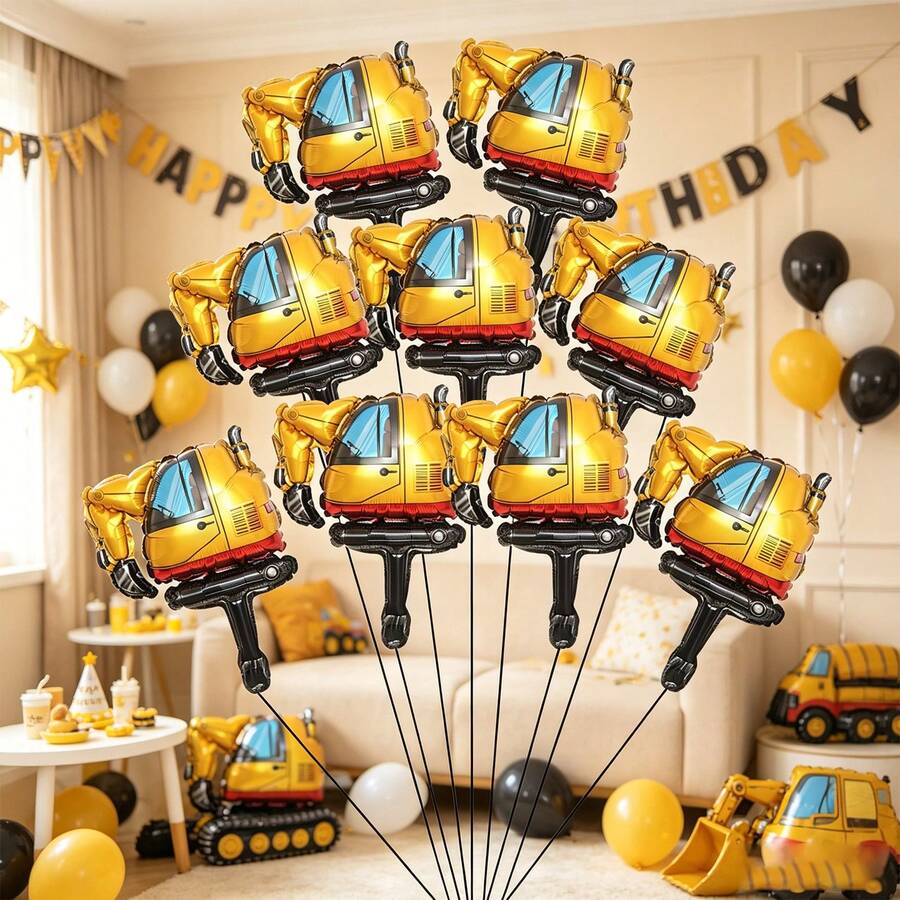 Bộ 10 quả bóng bay hình máy xúc mini 16 inch bằng giấy bạc, đồ chơi xe công trình cho trẻ em (không bao gồm dây buộc) - Xem 1