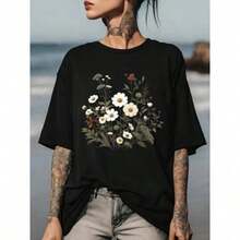 Women's Blouses 2024, Plus Sizes, Original Design, Country Style, Floral Print, Cotton, Harajuku, Casual, Round Neck, Short Sleeve, Women's Top - 黑色 - 查看 1