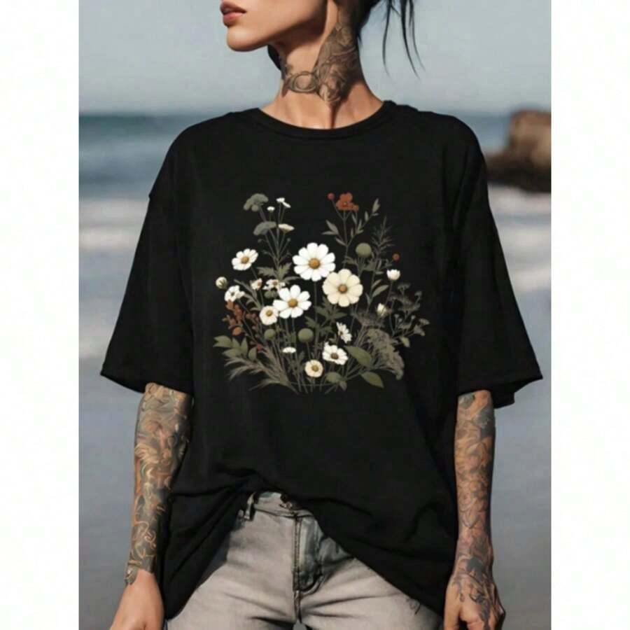 Women's Blouses 2024, Plus Sizes, Original Design, Country Style, Floral Print, Cotton, Harajuku, Casual, Round Neck, Short Sleeve, Women's Top - 黑色 - 查看 1