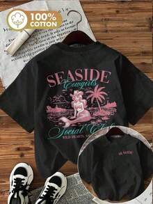 Chu K Women's Double-Sided Print T-Shirt, Vintage Style Mermaid Coconut Palm SEA SIDE Cowgirls Social, Y2k Vibe, Crew Neck, Short Sleeve, Pure Cotton, Spring/Summer Casual Top - 黑色 - 查看 8