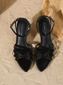 On feet& in love Women's Fashionable & Elegant Satin Rhinestone One-Strap Buckle Open Toe High Heel Sandals, Suitable For Dresses In Summer - Black - View 6