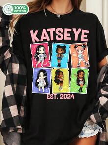 KATSEYES Chibi Card Style Cartoon Cotton T-Shirt Global Girl Group Fan Tee - Black - View 1
