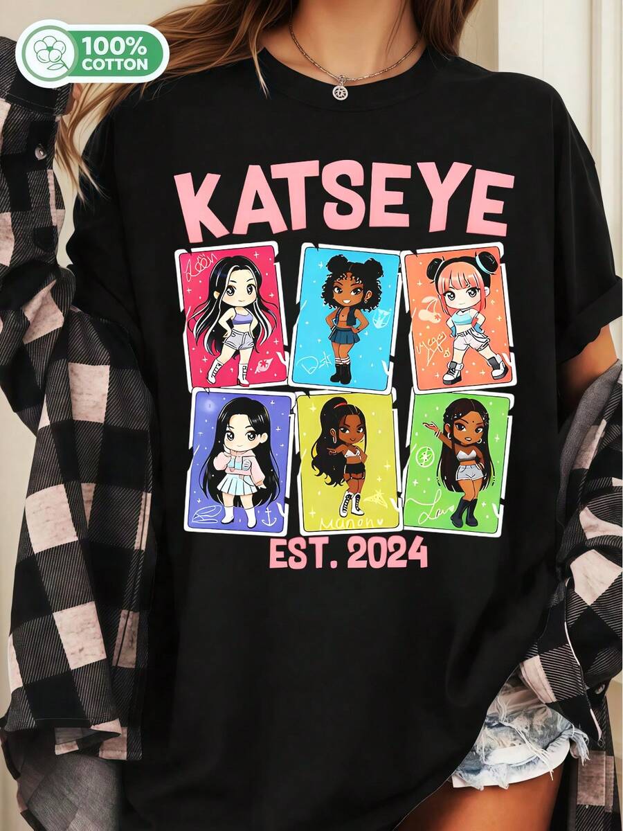 KATSEYES Chibi Card Style Cartoon Cotton T-Shirt Global Girl Group Fan Tee - Black - View 1