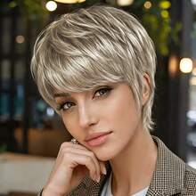 Women's Human Hair Short Wig, Brown With Gold, Style, Layered, With Bangs, No Glue No Front Band, Fully Machine Woven, Easy To Wear - Multicolor - View 13