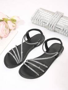 Summer New Round Toe Thin Strap Glass Rhinestone Slip-On Sandals, Casual Fashion Women's Flat Beach Vacation Party - Black - View 8