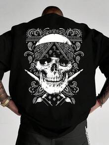 Paisley Skull Print T-Shirt 2026, Men's Crew Neck T-Shirt, Loose Fit T-Shirt, Slightly Dropped Shoulder Crew Neck T-Shirt, Men's Short Sleeve T-Shirt, Oversized Summer T-Shirt Y2K Style In Solid Colors. - Schwarz - 查看 7