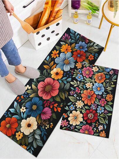 1/2pcs Retro Floral Kitchen Carpet, Equipped With Padded Kitchen Floor Mats And Non-Slip Standing Mats, Suitable For Sinks, Laundry Rooms, Offices And Desks.