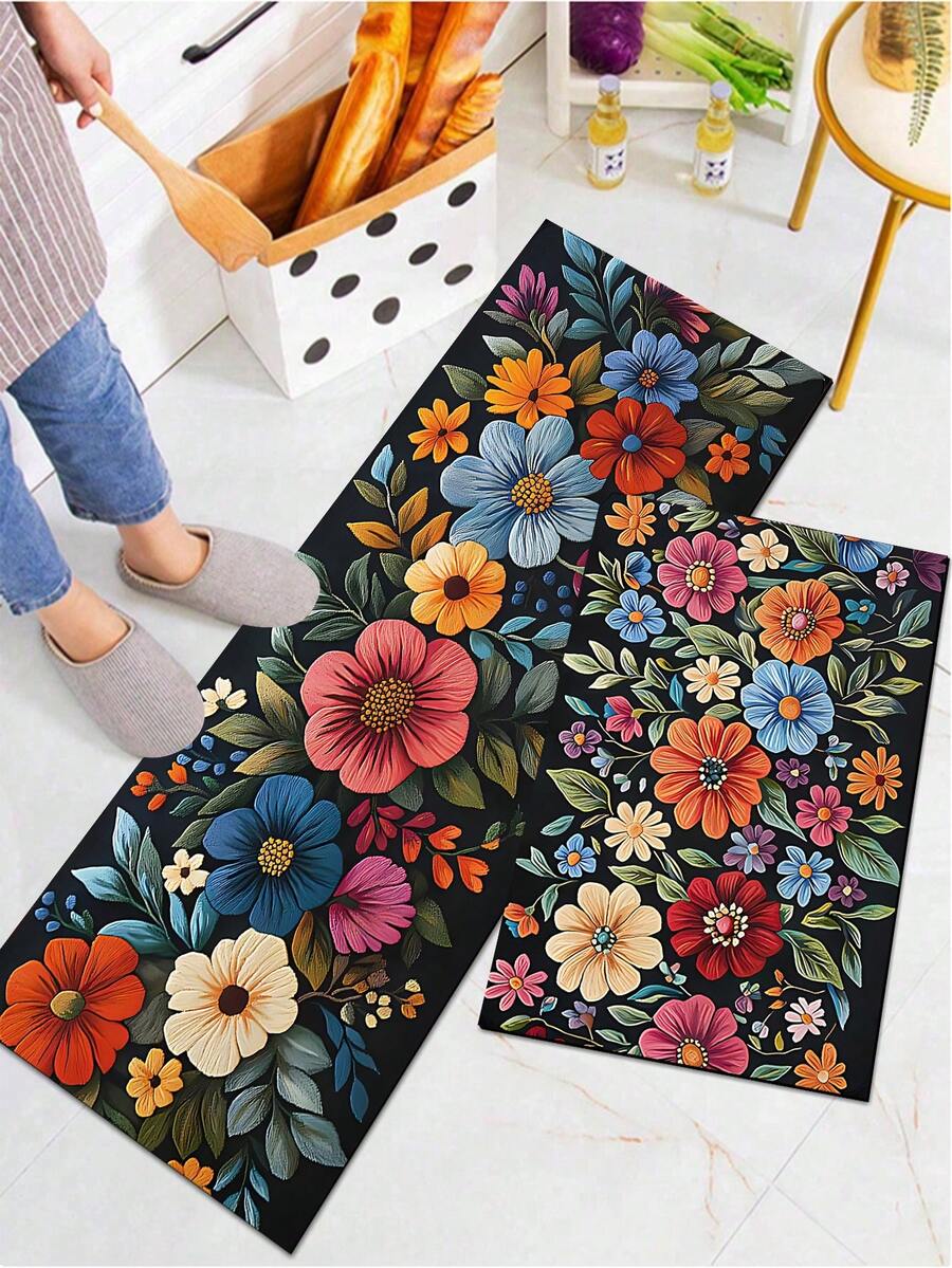 1 pieza Alfombra de cocina floral vintage, con tapete de cocina engrosado y tapete antideslizante para estar de pie, adecuado para fregadero, lavandería, oficina y mesa. - Multicolor - Ver 1