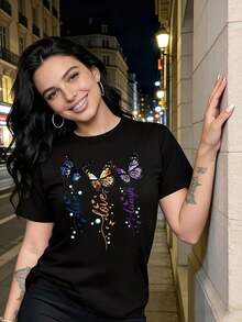 Women's Short Sleeve T-Shirt, Dreamy Colorful Butterfly Pattern Print, Vintage Elegant Exquisite Cute Sexy Sweet Style Round Neck Top, Regular Fit, Women's Gift Birthday Gift, Commuting T-Shirt Party T-Shirt, Soft And Comfortable Fabric - 黑色 - 查看 2