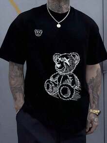 Bears Drawn With White Lines Represent Inner Strength And Hidden Sweetness, Showing The Contrast Between Childlike Tenderness And A Rebellious Personality-A Metaphor For The Modern Man Who Bravely And Confidently Preserves His Sensitivity. Men's Plus Size T-Shirt, 100% Cotton, 220g - 黑色 - 查看 9