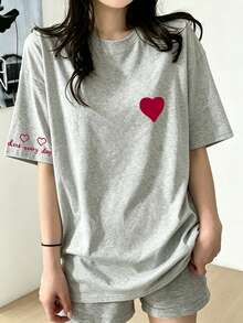 Kaos Wanita Longgar Leher Bulat Lengan Pendek dengan Motif Huruf & Hati, Modis untuk Musim Semi/Panas Kasual - Abu-abu muda - View 4