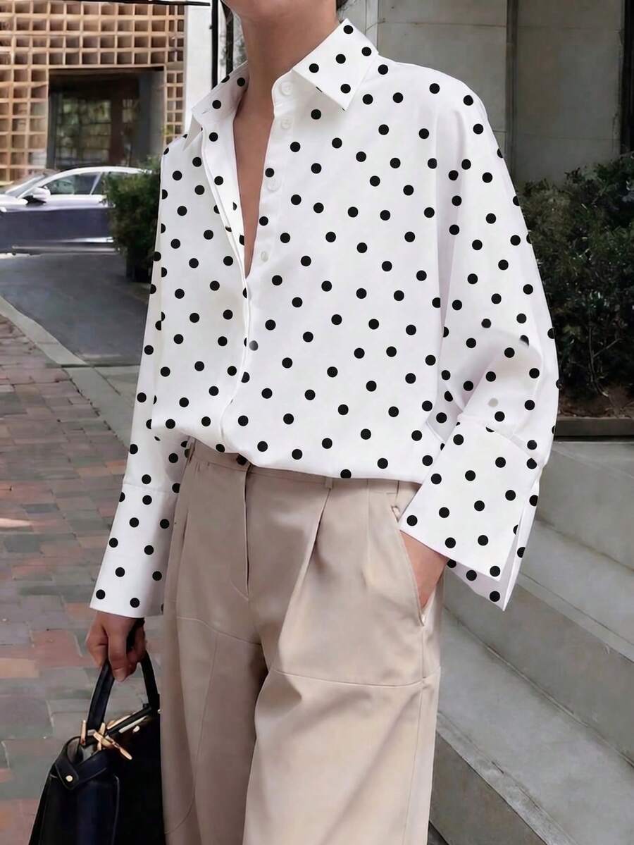 Elva 女款法式寬鬆白色波點長袖襯衫,商務面試通勤休閒隨性極簡優雅成熟風,適合春季度假 - 白色 - 查看 1
