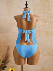 Swim Mod Conjunto de 2 piezas para mujer primavera/verano, decoración de mariposa dulce y linda, malla ligera y transparente con volantes, traje de baño tipo tankini con lazo para vacaciones - Celeste - Ver 2
