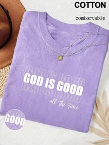Camiseta minimalista bordada  "Dios es Bueno" - Camiseta de fe cristiana cómoda y de color, regalo, camiseta de fe, camiseta para grupo religioso, camiseta bordada de cuello redondo para mujer. - Morado Violeta - Ver 4