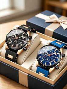 2PCS/1PC Watch Set, Men's Rose Gold Wristwatch, Black/Blue Dual Dial With Silicone And Metal Strap, Rugged Sporty Style, Elegant And Stylish, Perfect Birthday Or Valentine's Day Gift For Boyfriend, Son, Father, Suitable For Daily Commute, Sports And Casual Occasions, Showcasing Men's Vibrant Style - Multicolor - View 7