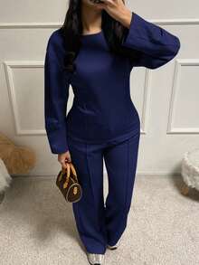 Christmas Women's Waist-Cinched Mid-Length Sweatshirt And Pants Slimming Grey Set - Navy - View 10