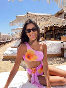 Bonvoyette Set de 2 piezas Traje de baño de una pieza con tirantes finos y estampado floral, con falda asimétrica de malla, sexy y elegante para vacaciones de verano - Multicolor - Ver 8