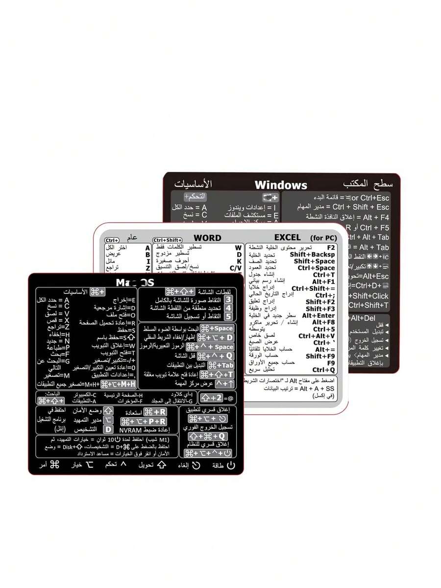 3pcs/Set Computer Keyboard Shortcut Stickers, Laptop Stickers, Windows & Shortcut Keys, Word & Excel Shortcut Keys, Waterproof & Reusable - Middle Eastern - View 1