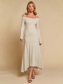 Vestido de mujer de cuello en V elegante, de manga larga, de unicolor, con dobladillo irregular, versátil para ir al trabajo, la oficina, salir, fiestas, bodas y la playa - Beis - Ver 2