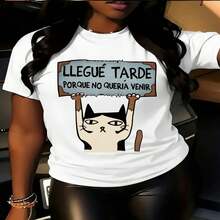 1 Piece Of 100% Cotton Short-Sleeved T-Shirt, Casual Round Neck With Print, Breathable Short Sleeves For Daily Wear, Women's T-Shirt With Kitten Lifting Its Plate Design - 白色 - 查看 2