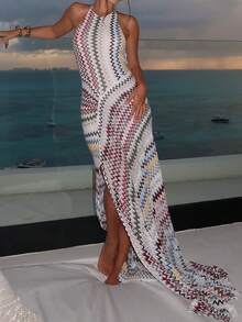 DOUCIU Fashionable Girl Colorful Wavy Print Spaghetti Strap Maxi Dress, Fitted Vacation Beach Style - White - View 2