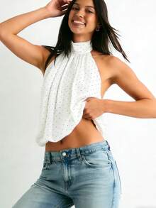 Women Cute Puffy Halterneck Top Sleeveless Open Back Tank Tops Fashion Button Neck Crop Tops Summer Y2K Loose Vest For Club Party Streetwear Going Out Outfit - Chấm bi trắng - Xem 5