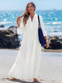 Long-Sleeved V-Neck Pleated Maxi Dress With Blue And White Floral Print, Suitable For Spring And Summer, Sundresses For Women, Shirt Dresses For Women In Autumn, Elegant Holiday Dress - 黑色 - 查看 6